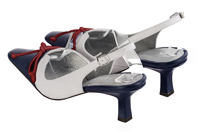 Navy blue and pure white women's open back shoes, with a knot. Tapered toe. Medium spool heels. Rear view - Florence KOOIJMAN